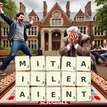 Illustration créative d'un jeu de lettres avec le mot MITRAILLERAIENT épelé sur le plateau.