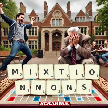 Illustration créative d'un jeu de lettres avec le mot MIXTIONNONS épelé sur le plateau.