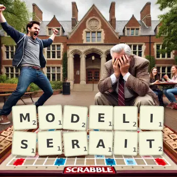 Illustration créative d'un jeu de lettres avec le mot MODELISERAIT épelé sur le plateau.