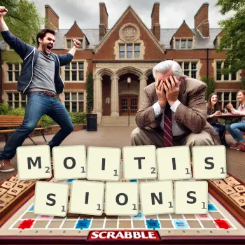 Illustration créative d'un jeu de lettres avec le mot MOITISSIONS épelé sur le plateau.