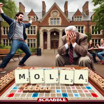 Illustration créative d'un jeu de lettres avec le mot MOLLA épelé sur le plateau.
