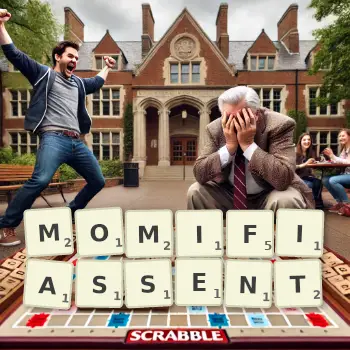 Illustration créative d'un jeu de lettres avec le mot MOMIFIASSENT épelé sur le plateau.