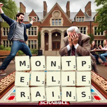 Illustration créative d'un jeu de lettres avec le mot MONTPELLIERAINS épelé sur le plateau.