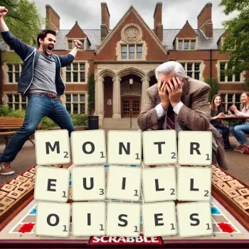 Illustration créative d'un jeu de lettres avec le mot MONTREUILLOISES épelé sur le plateau.