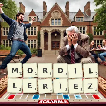Illustration créative d'un jeu de lettres avec le mot MORDILLERIEZ épelé sur le plateau.