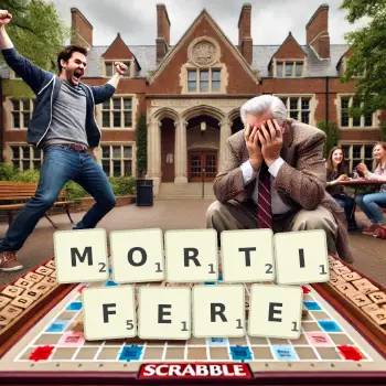 Illustration créative d'un jeu de lettres avec le mot MORTIFERE épelé sur le plateau.