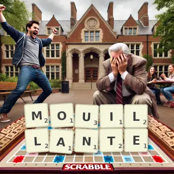 Illustration créative d'un jeu de lettres avec le mot MOUILLANTE épelé sur le plateau.