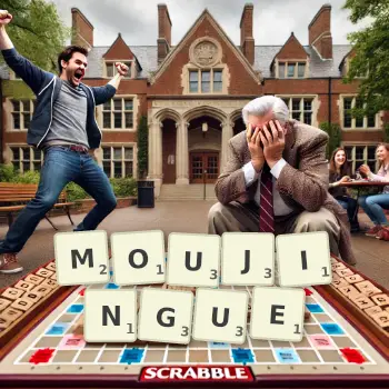 Illustration créative d'un jeu de lettres avec le mot MOUJINGUE épelé sur le plateau.