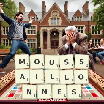 Illustration créative d'un jeu de lettres avec le mot MOUSSAILLONNES épelé sur le plateau.