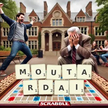 Illustration créative d'un jeu de lettres avec le mot MOUTARDAI épelé sur le plateau.