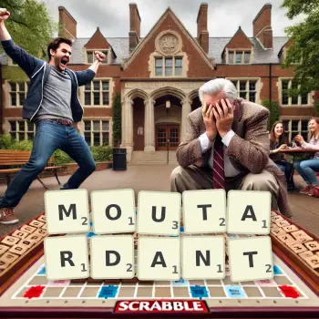 Illustration créative d'un jeu de lettres avec le mot MOUTARDANT épelé sur le plateau.