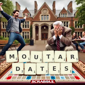 Illustration créative d'un jeu de lettres avec le mot MOUTARDATES épelé sur le plateau.