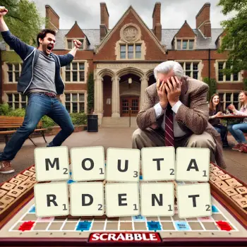 Illustration créative d'un jeu de lettres avec le mot MOUTARDENT épelé sur le plateau.