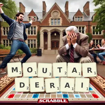 Illustration créative d'un jeu de lettres avec le mot MOUTARDERAI épelé sur le plateau.