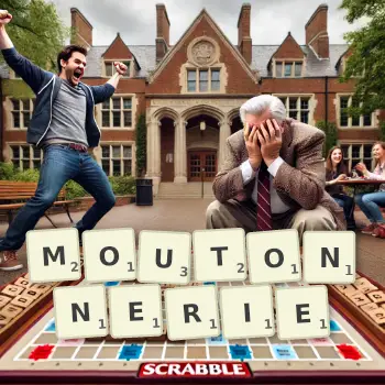Illustration créative d'un jeu de lettres avec le mot MOUTONNERIE épelé sur le plateau.