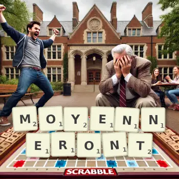 Illustration créative d'un jeu de lettres avec le mot MOYENNERONT épelé sur le plateau.