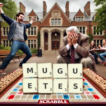 Illustration créative d'un jeu de lettres avec le mot MUGUETES épelé sur le plateau.