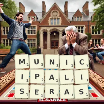 Illustration créative d'un jeu de lettres avec le mot MUNICIPALISERAS épelé sur le plateau.