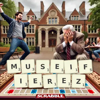 Illustration créative d'un jeu de lettres avec le mot MUSEIFIEREZ épelé sur le plateau.