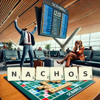 Illustration créative d'un jeu de lettres avec le mot NACHOS épelé sur le plateau.