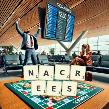 Illustration créative d'un jeu de lettres avec le mot NACREES épelé sur le plateau.