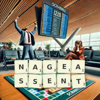 Illustration créative d'un jeu de lettres avec le mot NAGEASSENT épelé sur le plateau.