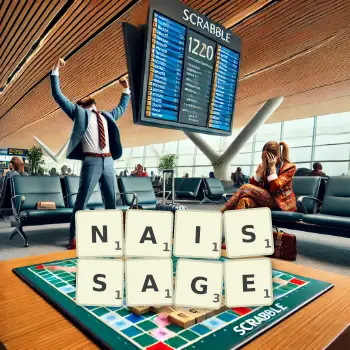 Illustration créative d'un jeu de lettres avec le mot NAISSAGE épelé sur le plateau.