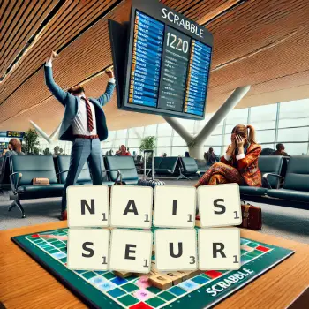 Illustration créative d'un jeu de lettres avec le mot NAISSEUR épelé sur le plateau.