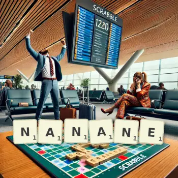 Illustration créative d'un jeu de lettres avec le mot NANANE épelé sur le plateau.