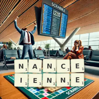 Illustration créative d'un jeu de lettres avec le mot NANCEIENNE épelé sur le plateau.