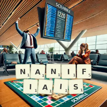 Illustration créative d'un jeu de lettres avec le mot NANIFIAIS épelé sur le plateau.