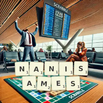 Illustration créative d'un jeu de lettres avec le mot NANISAMES épelé sur le plateau.