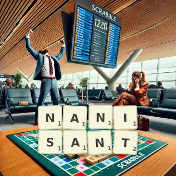Illustration créative d'un jeu de lettres avec le mot NANISANT épelé sur le plateau.