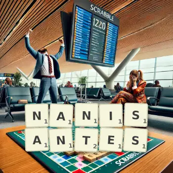 Illustration créative d'un jeu de lettres avec le mot NANISANTES épelé sur le plateau.