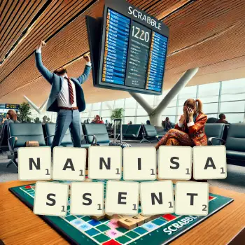 Illustration créative d'un jeu de lettres avec le mot NANISASSENT épelé sur le plateau.