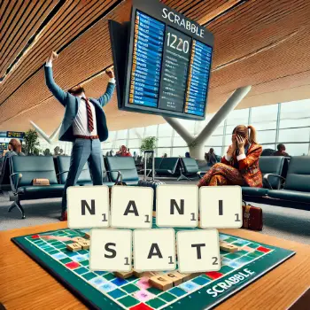 Illustration créative d'un jeu de lettres avec le mot NANISAT épelé sur le plateau.