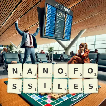 Illustration créative d'un jeu de lettres avec le mot NANOFOSSILES épelé sur le plateau.