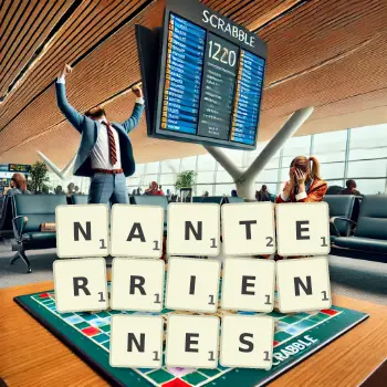 Illustration créative d'un jeu de lettres avec le mot NANTERRIENNES épelé sur le plateau.