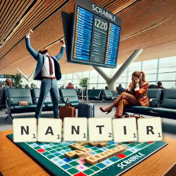 Illustration créative d'un jeu de lettres avec le mot NANTIR épelé sur le plateau.