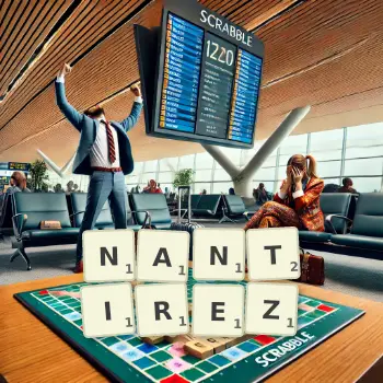 Illustration créative d'un jeu de lettres avec le mot NANTIREZ épelé sur le plateau.
