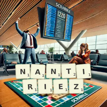 Illustration créative d'un jeu de lettres avec le mot NANTIRIEZ épelé sur le plateau.