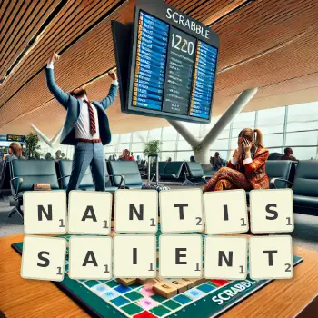 Illustration créative d'un jeu de lettres avec le mot NANTISSAIENT épelé sur le plateau.