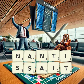 Illustration créative d'un jeu de lettres avec le mot NANTISSAIT épelé sur le plateau.