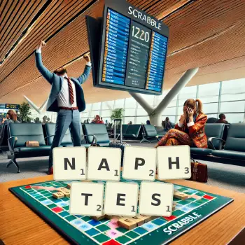 Illustration créative d'un jeu de lettres avec le mot NAPHTES épelé sur le plateau.