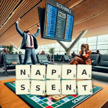 Illustration créative d'un jeu de lettres avec le mot NAPPASSENT épelé sur le plateau.