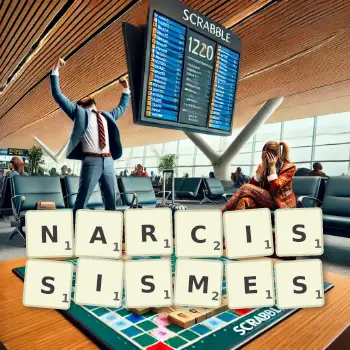 Illustration créative d'un jeu de lettres avec le mot NARCISSISMES épelé sur le plateau.
