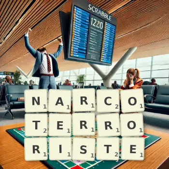 Illustration créative d'un jeu de lettres avec le mot NARCOTERRORISTE épelé sur le plateau.