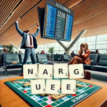 Illustration créative d'un jeu de lettres avec le mot NARGUEE épelé sur le plateau.