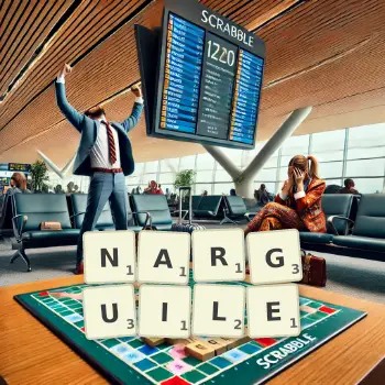 Illustration créative d'un jeu de lettres avec le mot NARGUILE épelé sur le plateau.