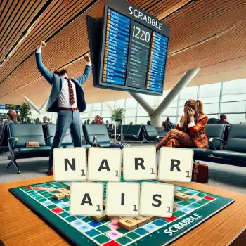 Illustration créative d'un jeu de lettres avec le mot NARRAIS épelé sur le plateau.